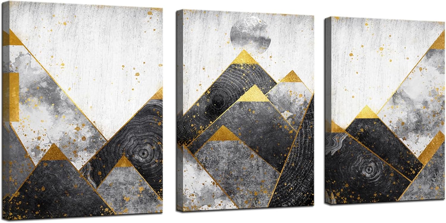 Biuteawal Lienzo abstracto para pared, pintura de paisaje de montaña de oro negro, pintura para dormitorio, decoración de sol, arte de pared