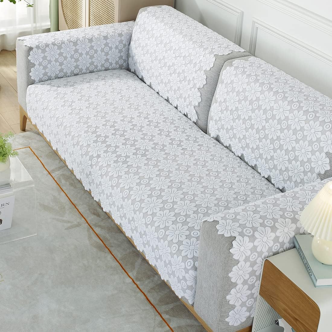vctops Fundas de encaje blanco para reposabrazos de respaldo, fundas para sillón bordado para perros, gatos, sofá biplaza reclinable, en forma de L
