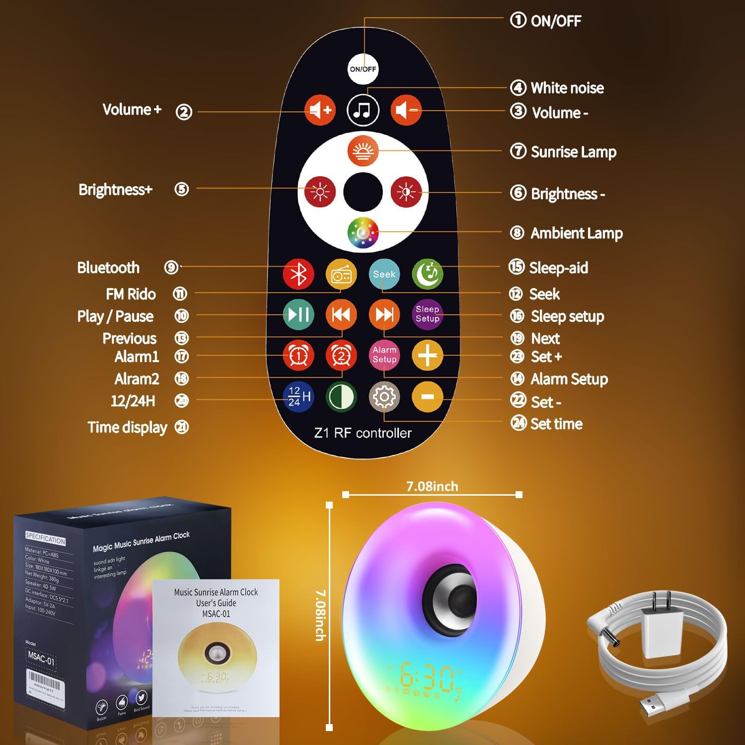 Reloj despertador con luz, altavoz Bluetooth, sonidos naturales, para niños, personas que duermen mucho