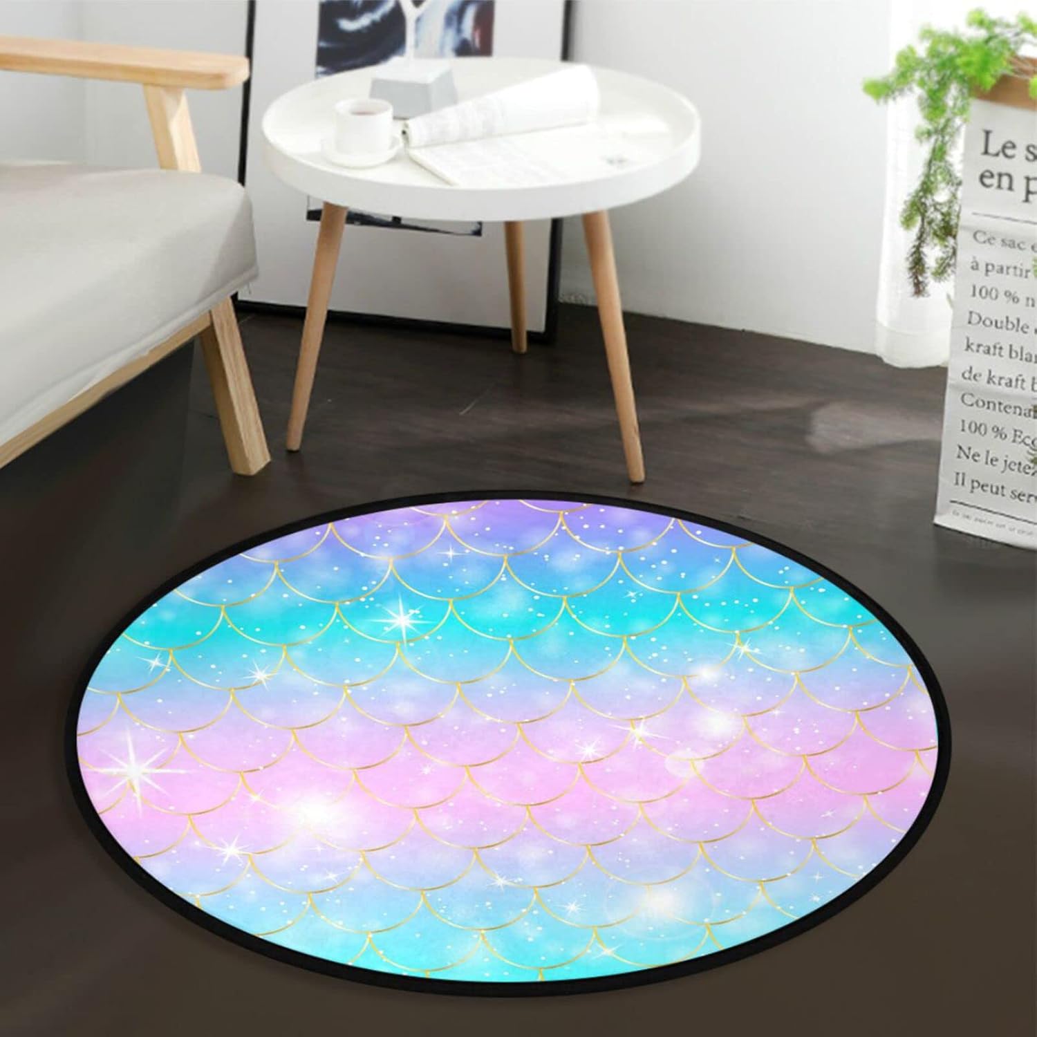DIGTIA Alfombra redonda de 3 pies para dormitorio, lavable, con purpurina, escamas de sirena, alfombra antideslizante con respaldo de goma, azul,