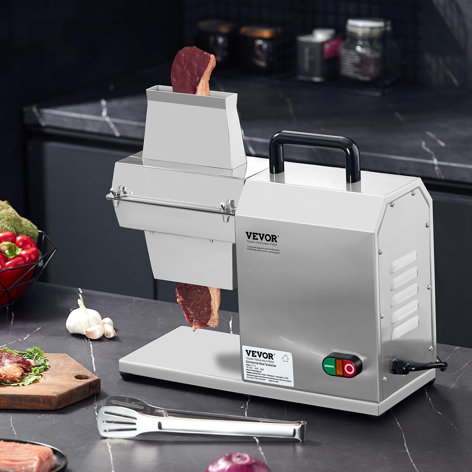 VEVOR Ablandador de carne comercial, herramienta de cocina de acero inoxidable resistente con asa, pinza para carne y cepillo de limpieza, máquina