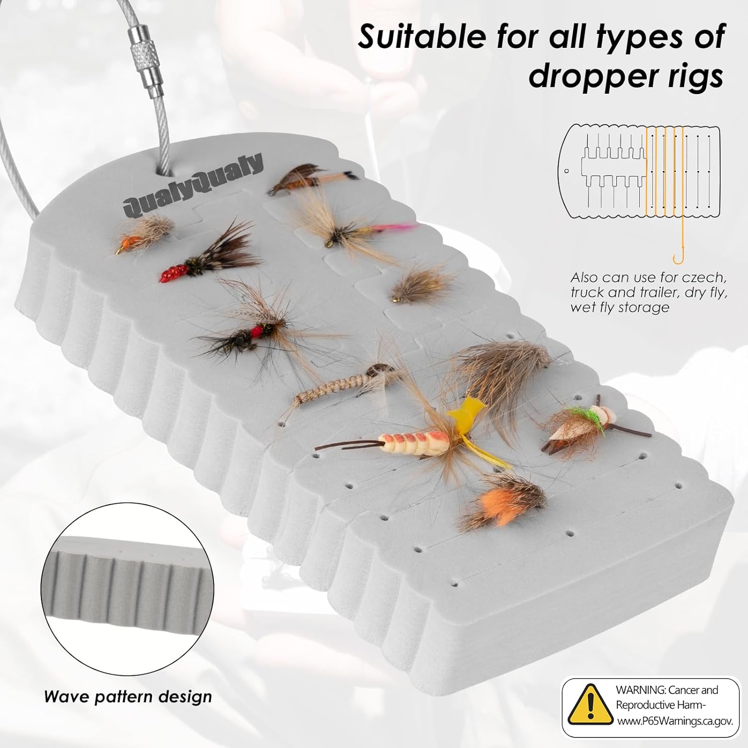 QualyQualy Parche para moscas, paquete de 2 goteros, tarjeta de espuma ligera, accesorios de pesca con mosca para moscas y serpentinas