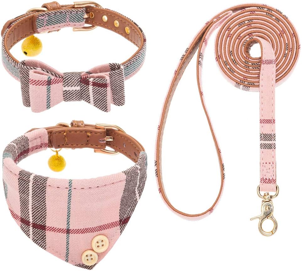 EXPAWLORER Juego de collar y correa para perro, corbata clásica a cuadros para perro y collar bandana con campana, correa para perro sin enredos,