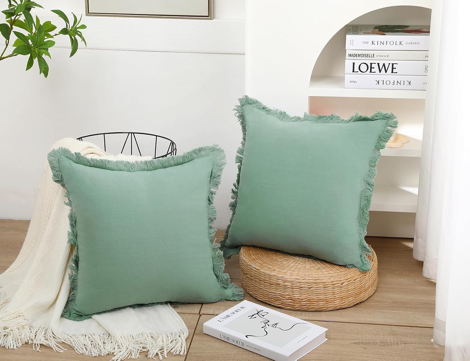 Juego de 2 fundas de almohada de lino natural con flecos, fundas de almohada decorativas neutras de color verde salvia con borlas elegantes de