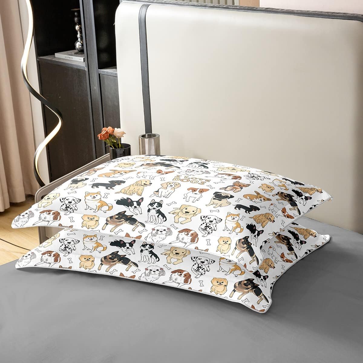 Juego de funda de edredón de perro 100% algodón natural con texto en inglés “I Love Dogs”, juego de ropa de cama con diseño de pug corgi shiba