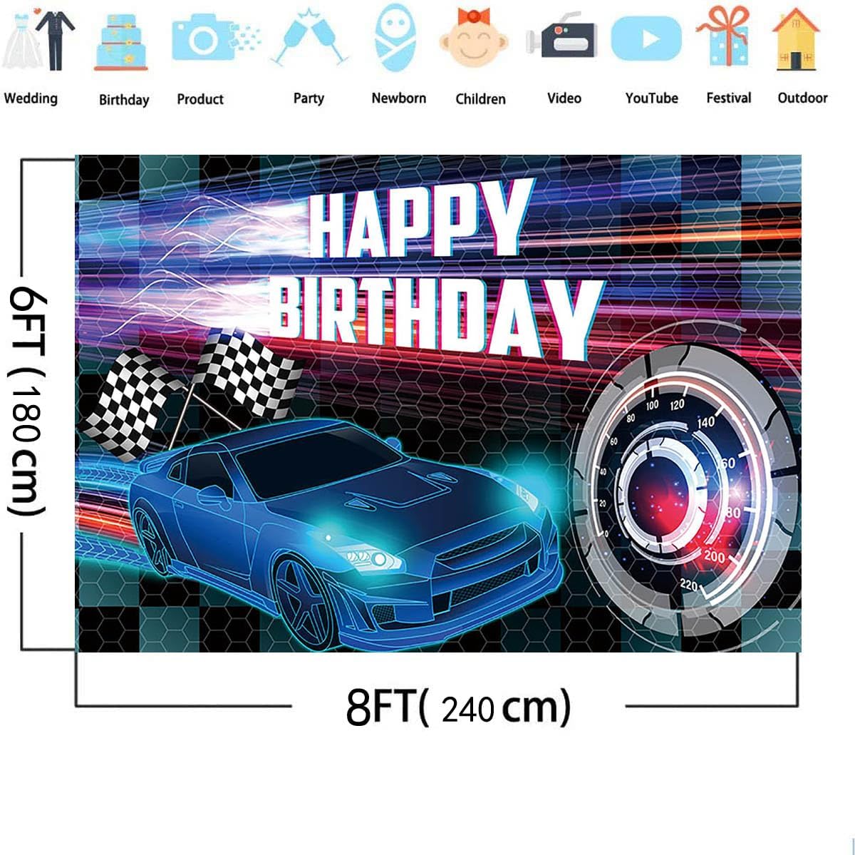MEHOFOND Telón de fondo de 8 x 6 pies, fondo azul para fotos de fiesta de carreras para niños, decoración de fiesta de coches, pancarta azul de
