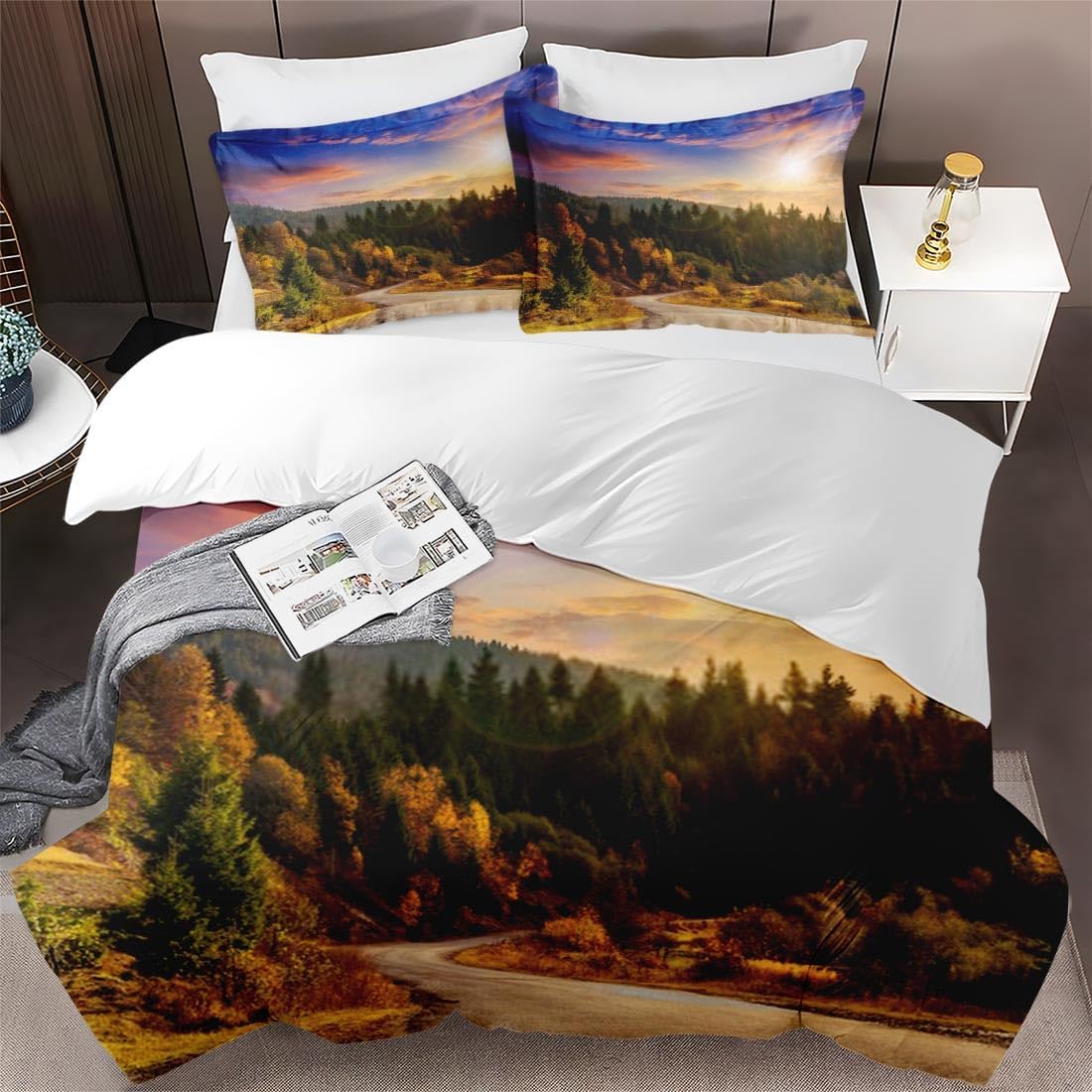 Juego de funda de edredón, juego de ropa de cama verde montaña otoñal para decoración de dormitorio de niños y adultos, juego de funda de edredón de