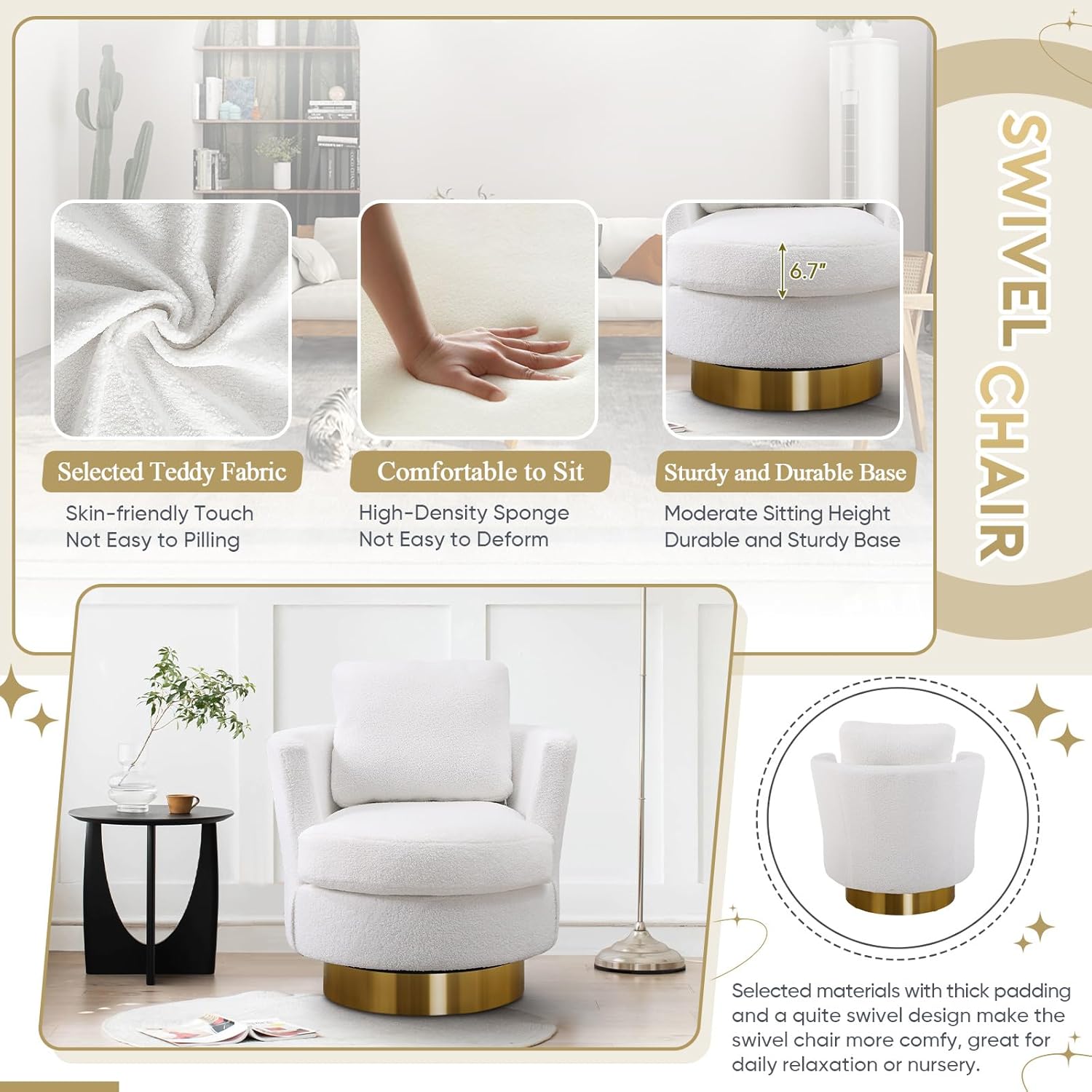 Silla giratoria tapizada, cómoda silla decorativa con almohada lumbar, silla redonda giratoria de 360, moderna silla de sherpa para guardería, sala