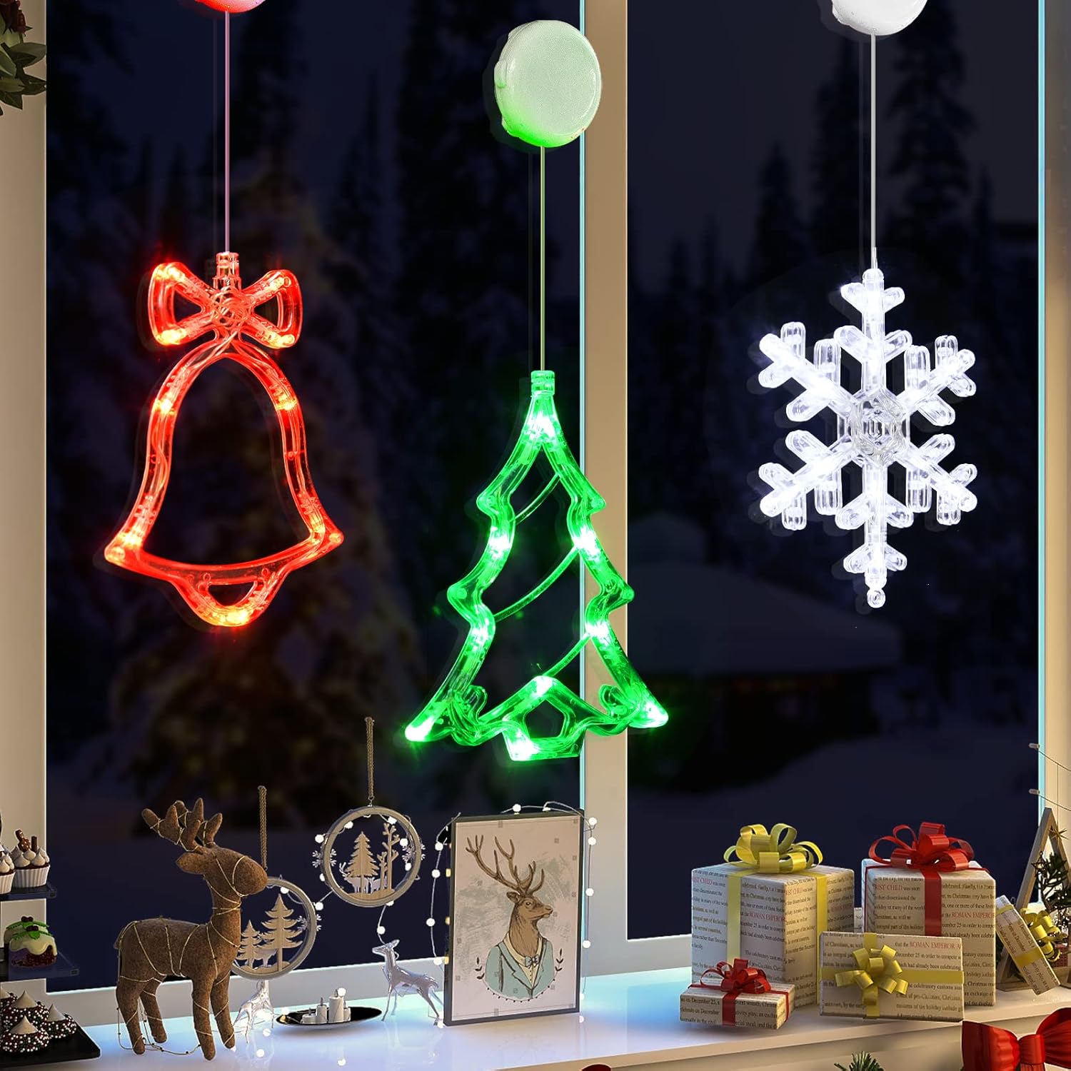 LOLStar Decoración de ventana de Navidad, paquete de 3 cascabeles, árbol de Navidad, copo de nieve con ventosa, función de temporizador y modo de