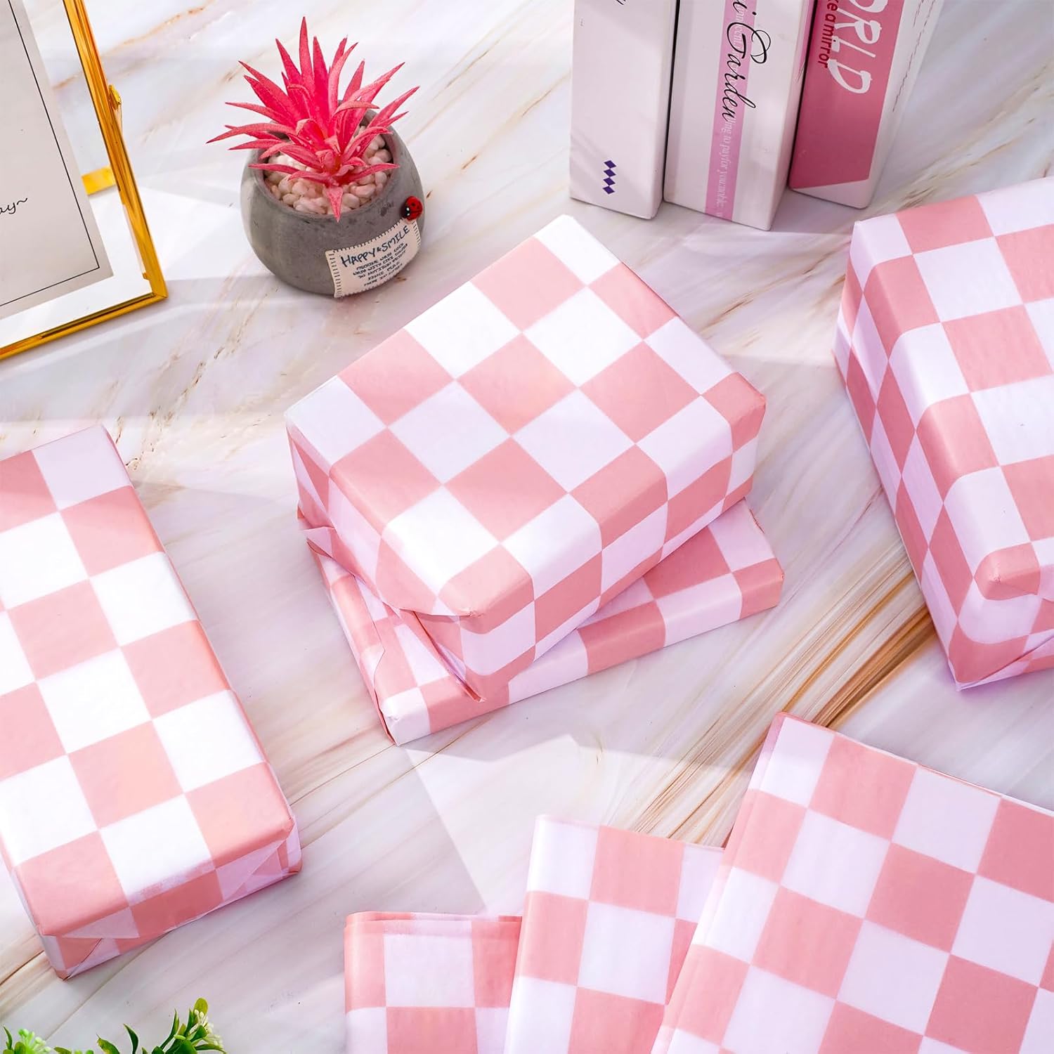 Whaline 100 piezas de papel de seda a cuadros, papel de regalo blanco y rosa, papel de embalaje, papel de manualidades para el hogar, baby shower,
