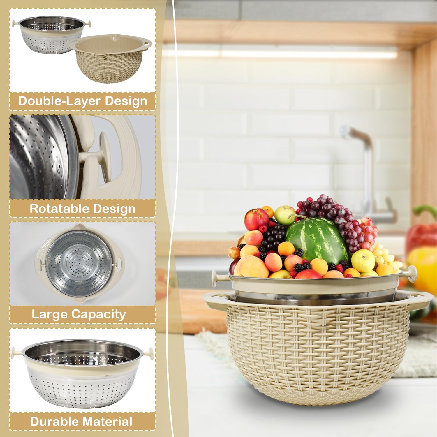 Colador 4-1 con juego de tazones para mezclar, nuevos coladores y coladores de alimentos para cocina, alimentos, pasta y arroz, lavadora de frutas y