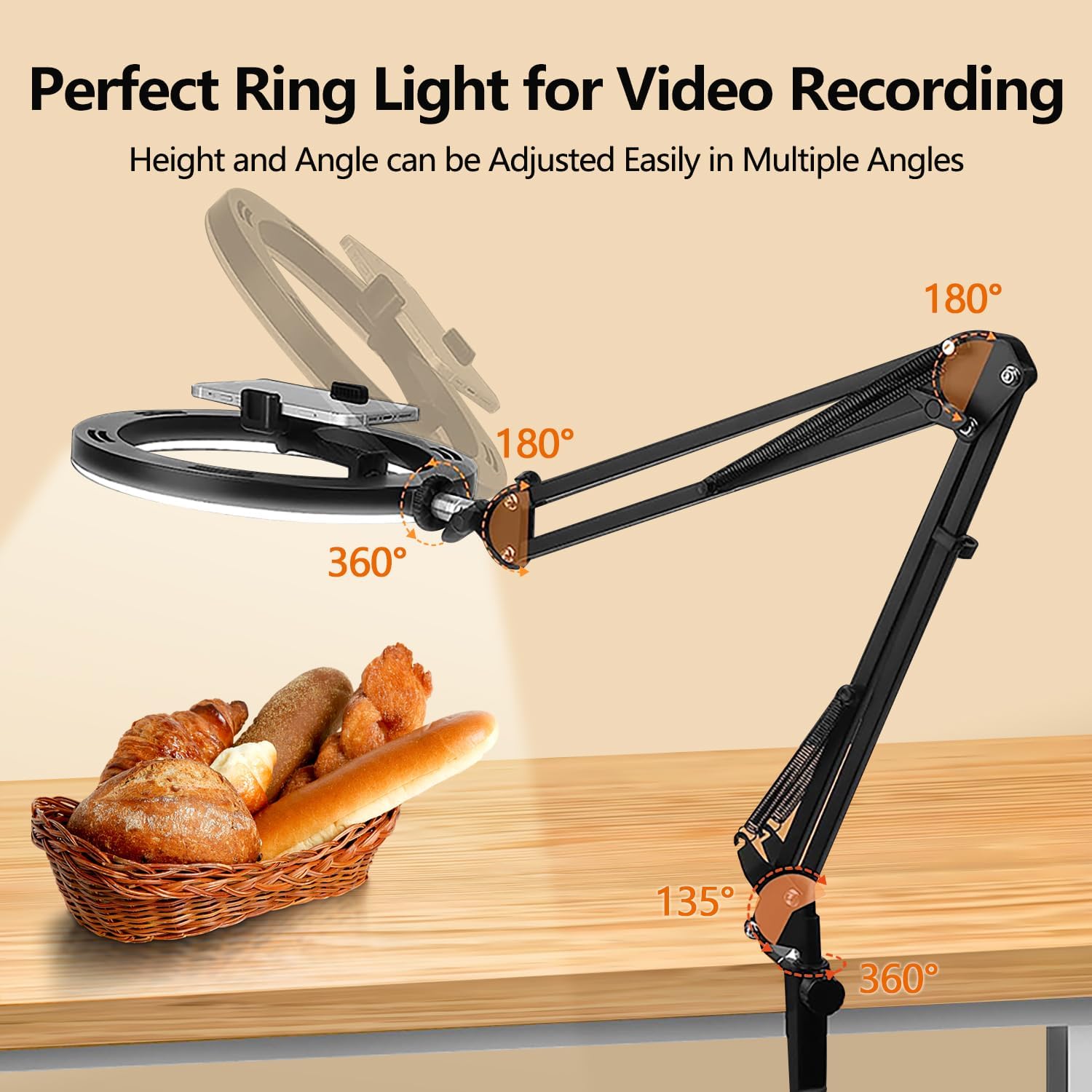 yAyusi Soporte de teléfono superior con anillo de luz, anillo de luz LED de 10 pulgadas para escritorio, brazo articulado flexible para cámara con