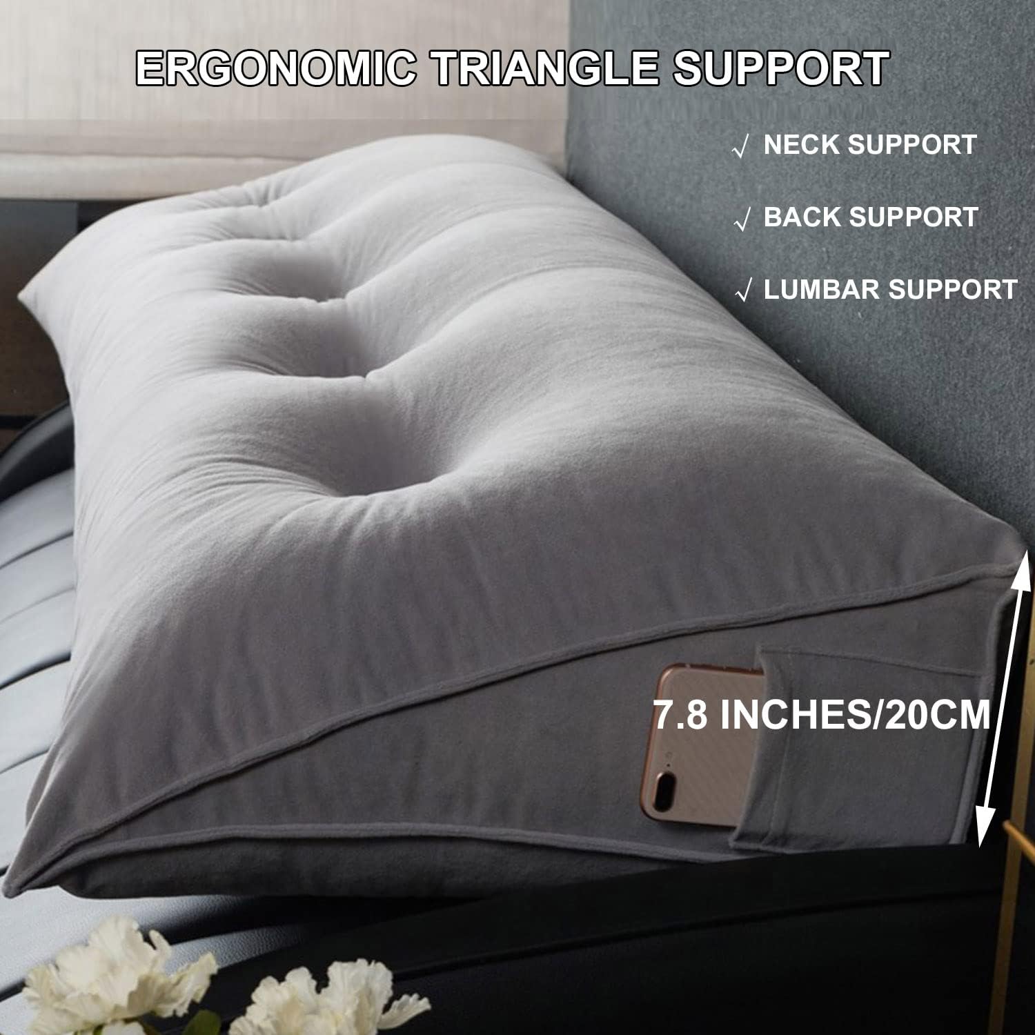 ZZYK Almohada triangular para cabecero, cojín triangular de color sólido, almohada de descanso en cama de lectura, almohada extraíble con soporte de