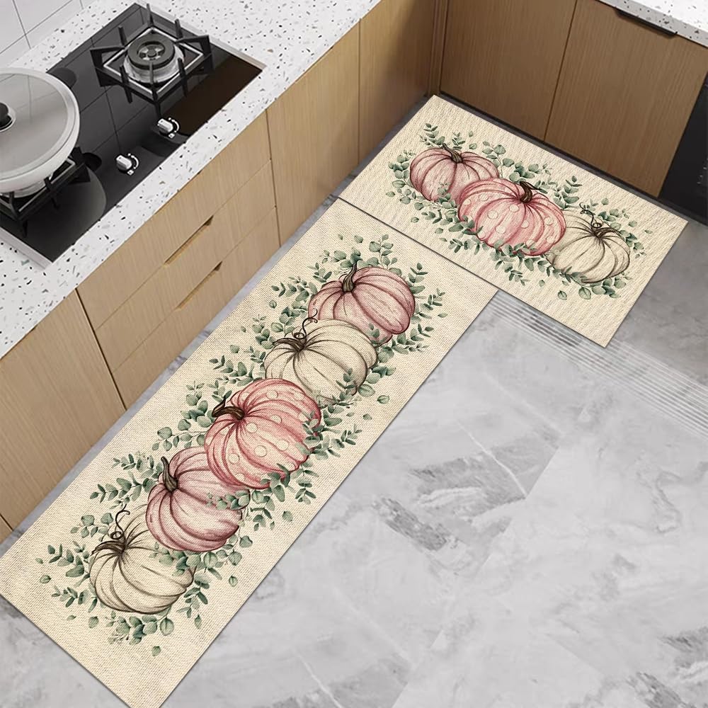 Alfombrillas de cocina antifatiga para piso, 2 unidades, alfombras de cocina de calabaza rosa y blanca, alfombra de granja suave antideslizante para