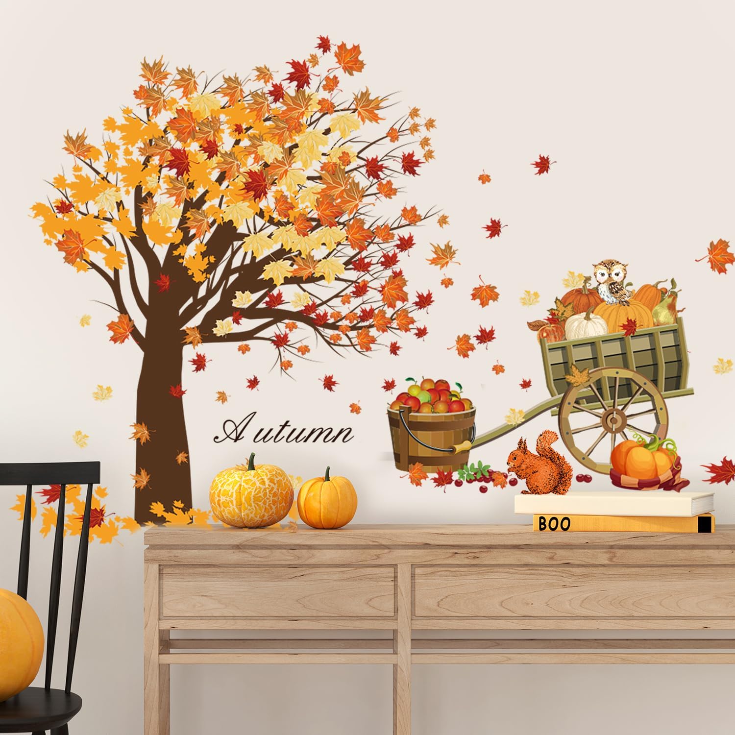 Rajahubri Calcomanía de pared de otoño de Acción de Gracias, hojas de arce, calcomanías de pared de calabazas de cosecha de otoño, lindos animales,