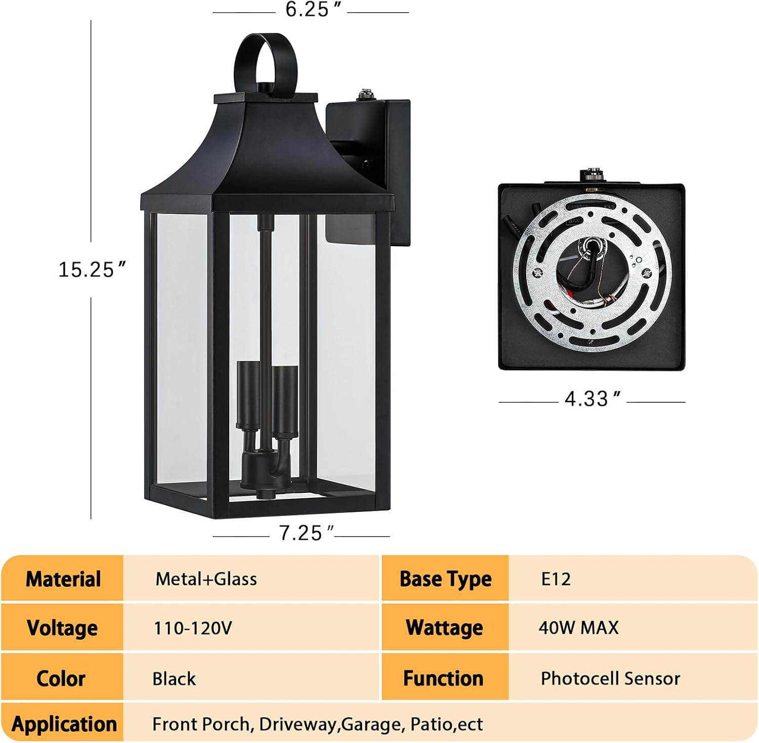 Farol de pared negro para exteriores del anochecer al amanecer, 2 luces, aplique de pared moderno exterior de 15 pulgadas, lámpara industrial para