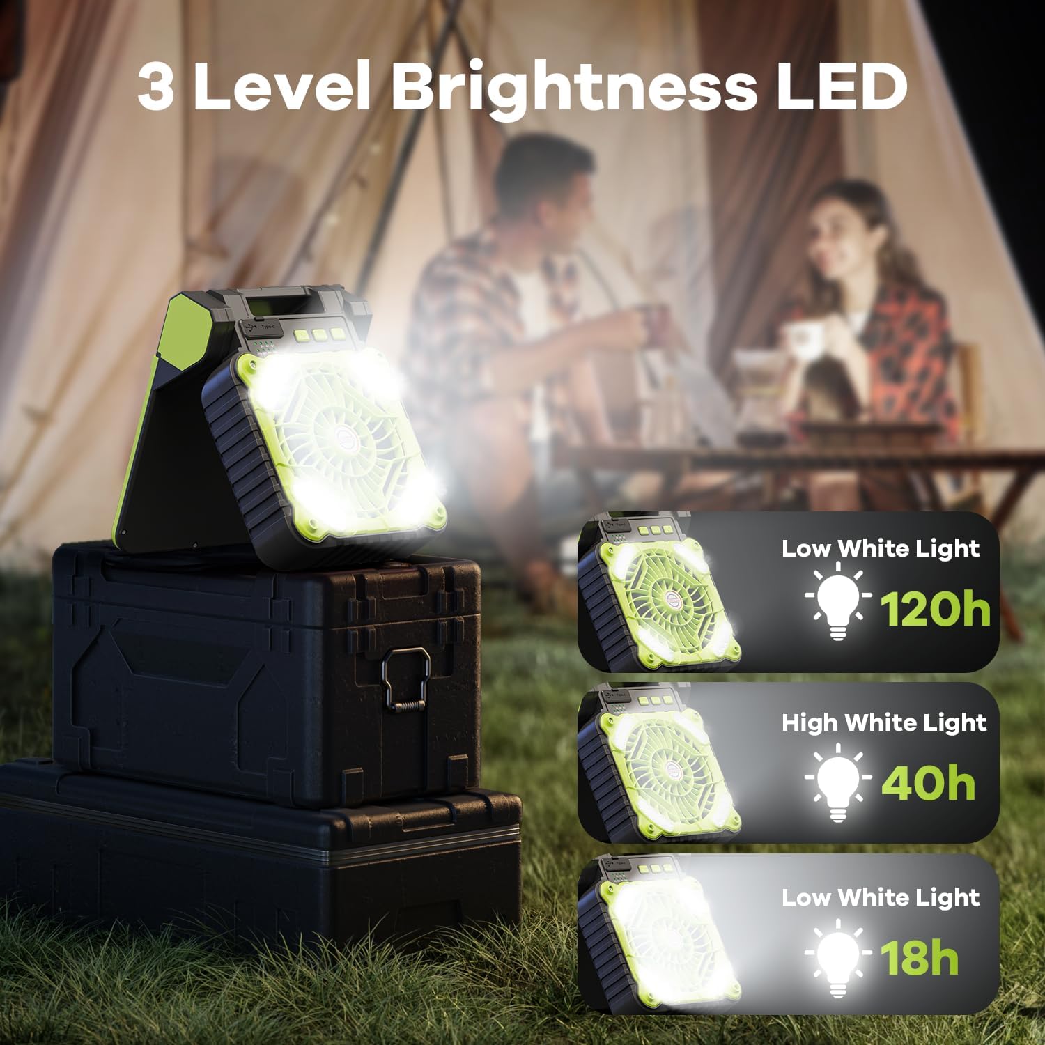 Ventilador solar portátil, ventilador de campamento recargable de 10400 mAh, 4 velocidades, 3 temporizadores y silencioso, ventilador a batería con