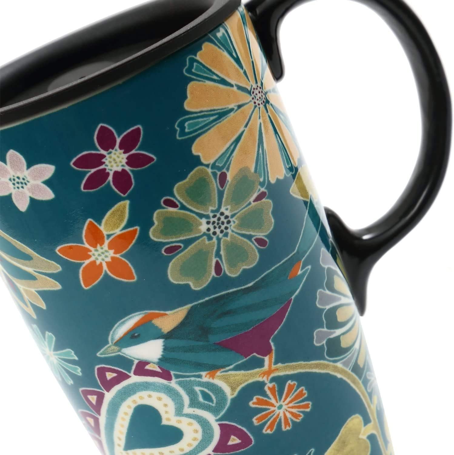 Topadorn Taza de cerámica para café, taza de té de porcelana con tapa, 17 oz, sinfonía floral, pájaro verde