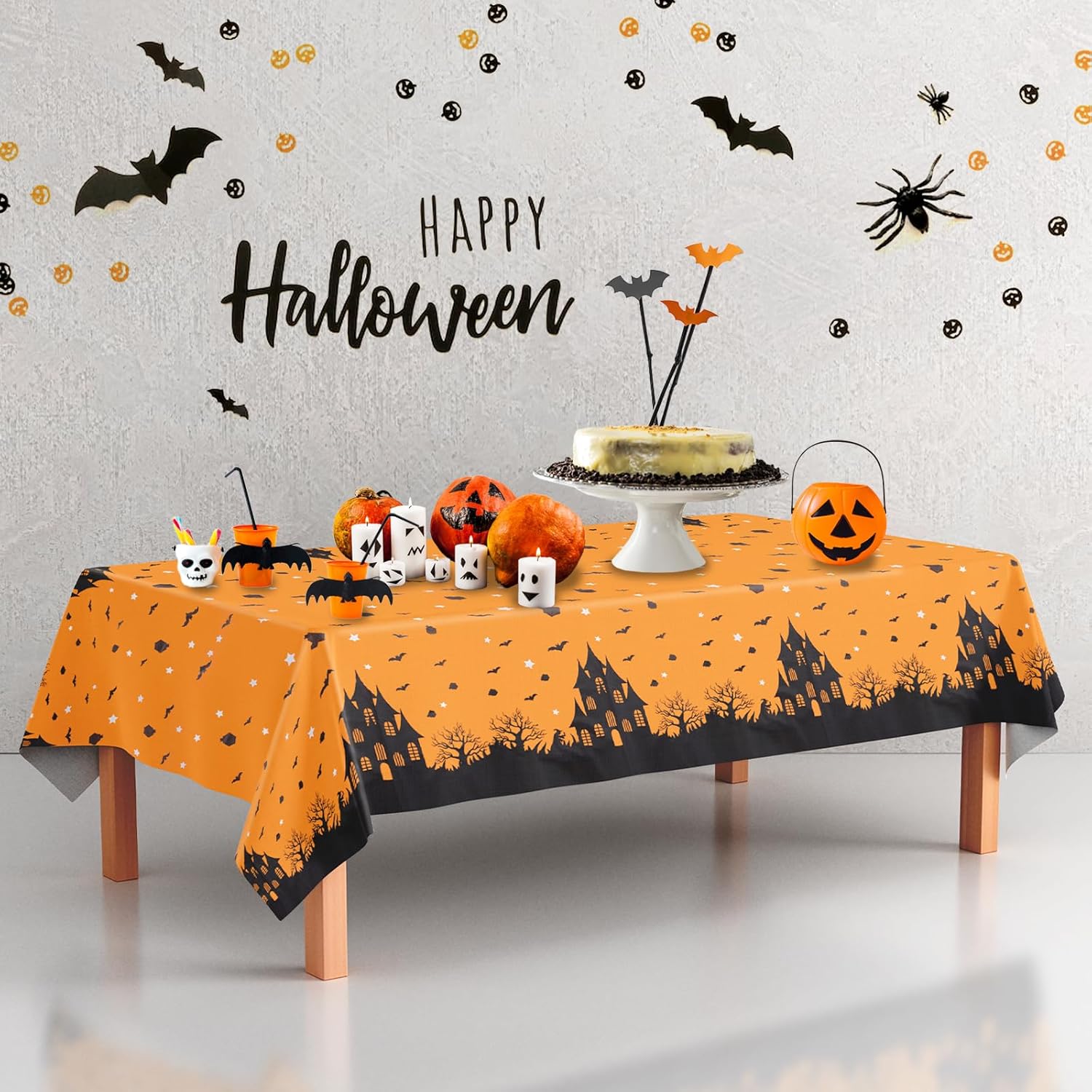 Imeepa 2 manteles de Halloween rectangulares de 54 x 72 pulgadas, mantel de plástico desechable con árbol de bruja de castillo, murciélago,