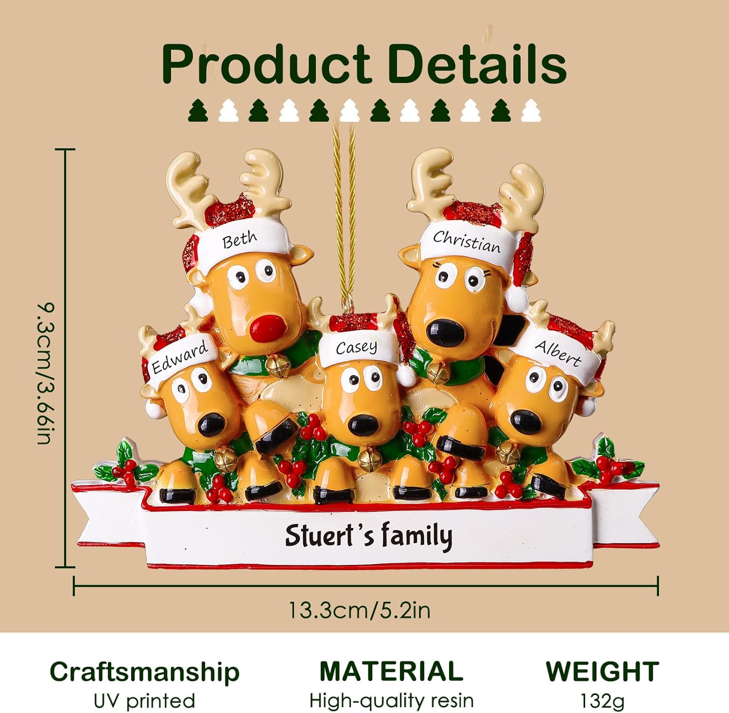 Adornos de Navidad personalizados de ciervo, familia de 2, 3, 4, 5, 6, 7, 8  Adorno de Navidad personalizable con nombre de reno, texto para árbol