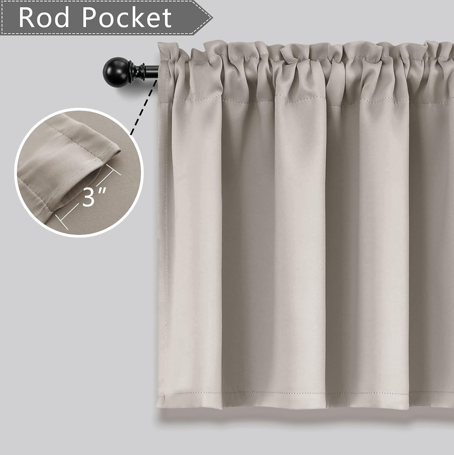 Cenefas de ventana caqui grisáceo beige para sala de estar, dormitorio, sótano, baño, paquete de 2 unidades con bolsillo para barra, bloqueo de luz,