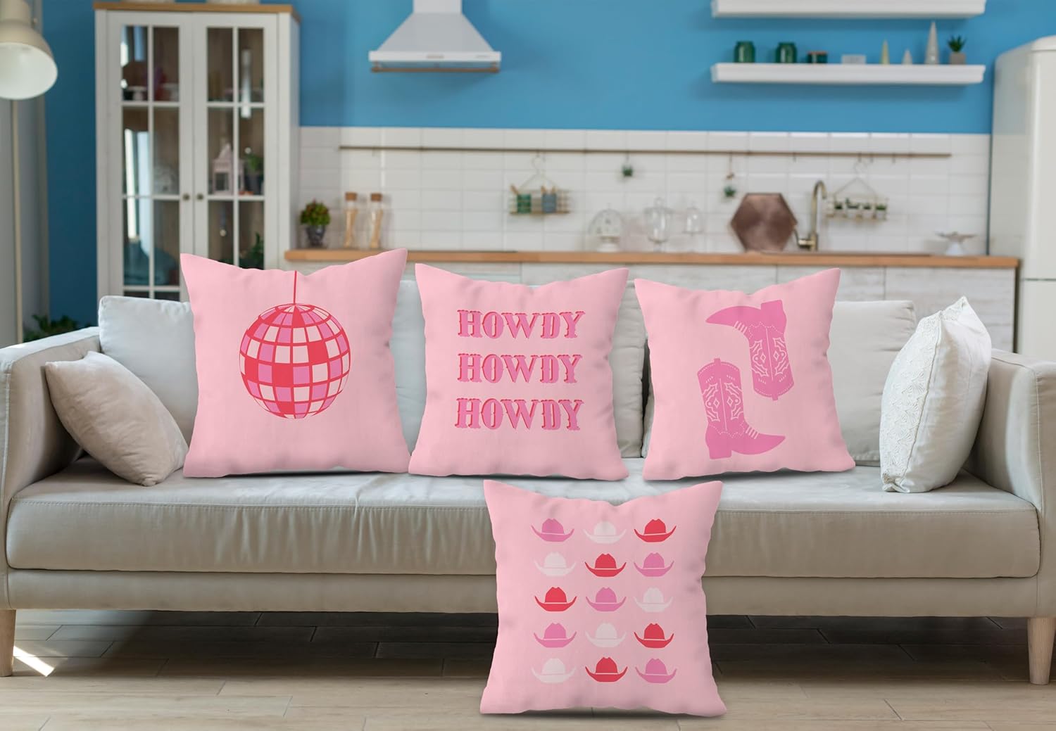 FLDAS Juego de 4 fundas de almohada decorativas de 18 x 18 pulgadas, color rosa intenso, con diseño de vaquera occidental, diseño de bola de