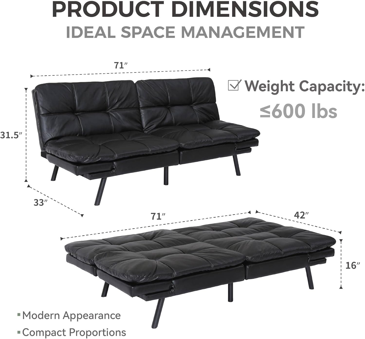 Sofá cama futón de espuma viscoelástica, moderno sofá cama plegable con reposabrazos y respaldo ajustables rápidamente para apartamento estudio,