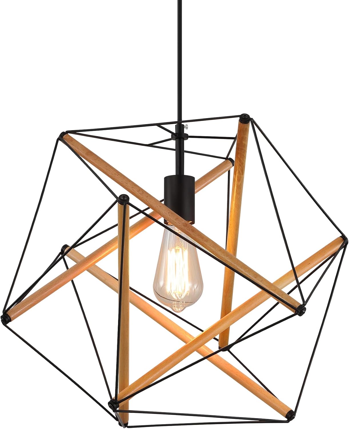 AMZASA Lámpara colgante geométrica negra Art Deco de metal y madera, moderna lámpara industrial para comedor, cocina, isla, centro de artes, estudio