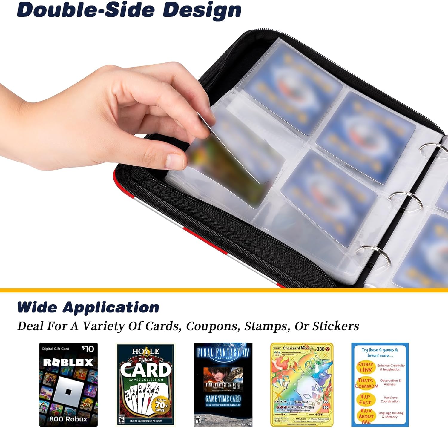 Carpeta de tarjetas para tarjetas TCG, 4 bolsillos portátil coleccionista de tarjetas con 50 fundas extraíbles, carpeta de tarjetas intercambiables,