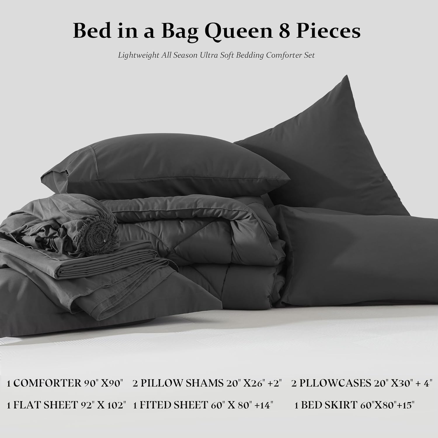 Newspin Juego de edredón de 8 piezas de cama Queen en una bolsa, juego de cama gris oscuro para todas las estaciones, juegos de ropa de cama Queen