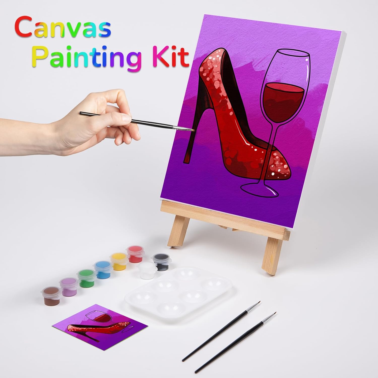 VOCHIC Kit de pintura y sorbo Kit de pintura en lienzo predibujado para adultos, kit de suministros de fiesta con imagen para pintar, 1 caballete, 8