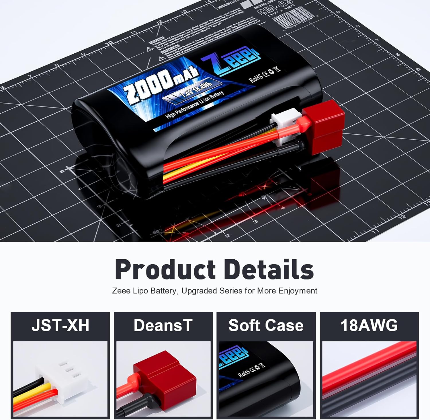 Zeee Batería de iones de litio 2S de 2000 mAh 7.4 V Deans T conector con cargador de batería de 7.4 V compatible con 110, 112, 116 escala RC Cars