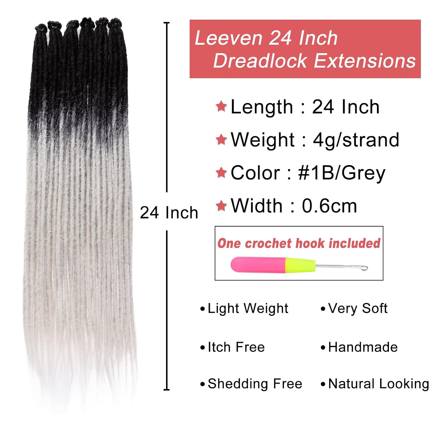 Leeven Extensiones de rastas de 40 hebras de 24 pulgadas, negro a gris, un solo extremo de 0.2 in de ancho, hechas a mano, rastas, cabello sintético