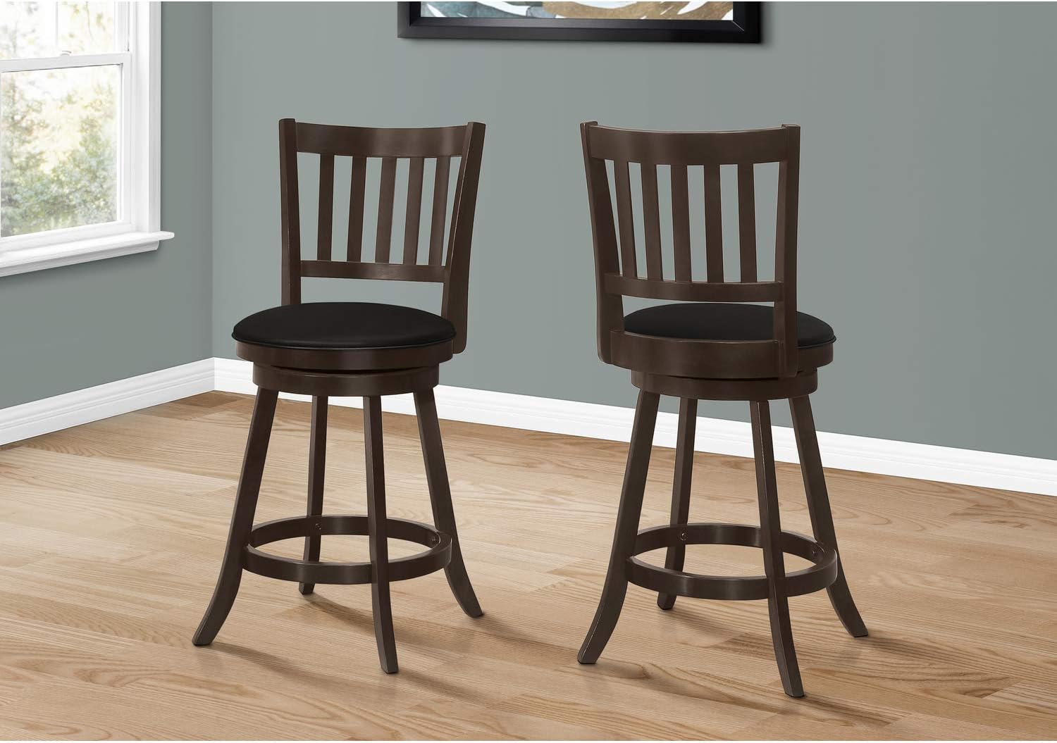 Monarch Specialties I 1237 Taburete de bar, juego de 2, giratorio, altura de mostrador, cocina, madera, aspecto de piel sintética, marrón, negro, de