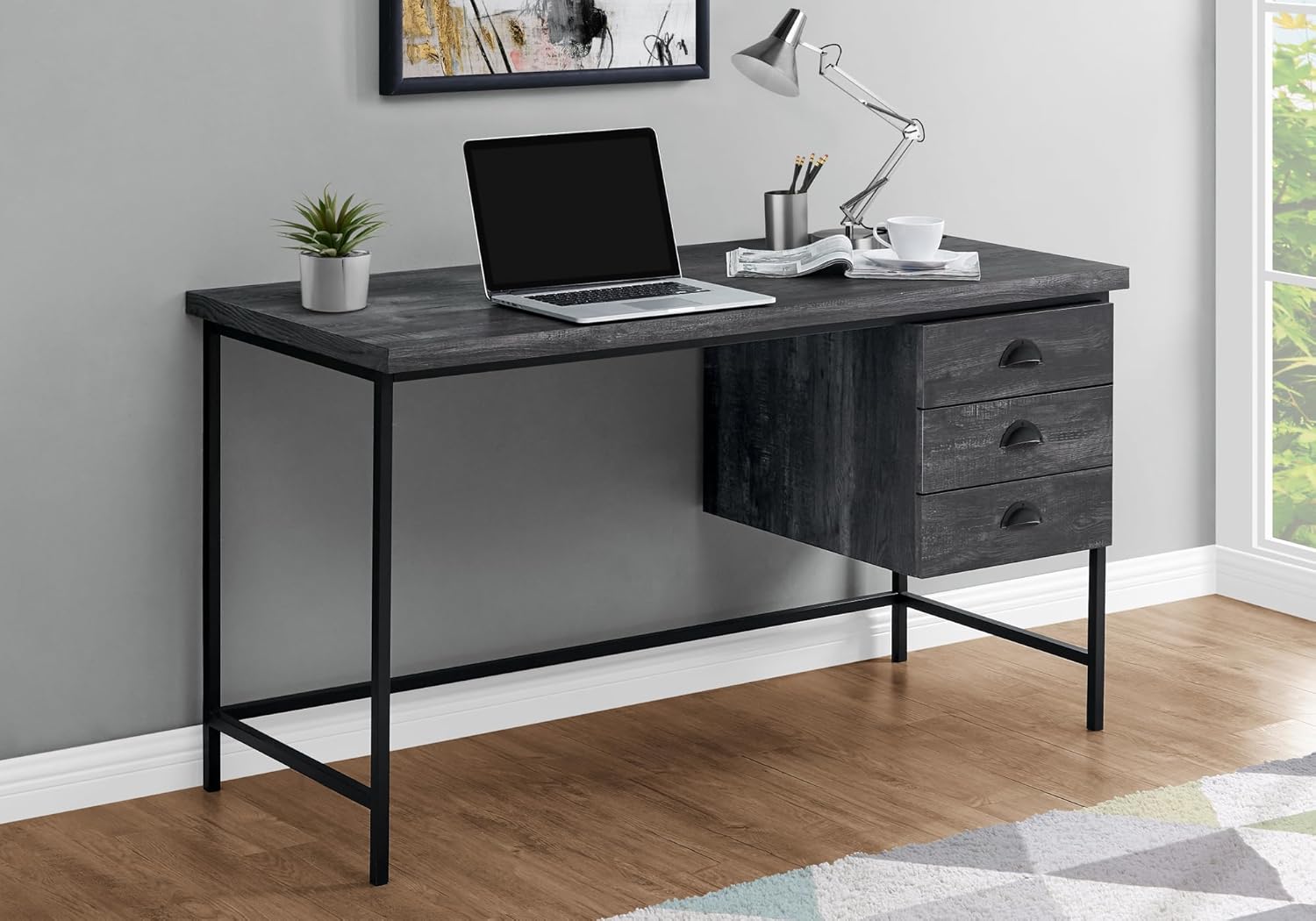 Monarch Specialties Escritorio industrial para computadora con 3 cajones, marco de metal, mesa de estudio rectangular para laptop, 55 pulgadas de