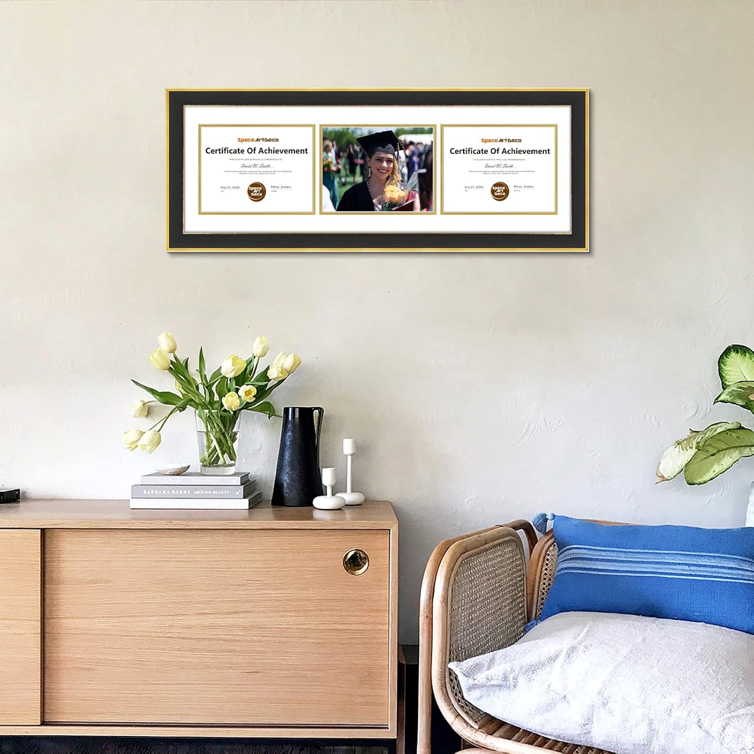 Space Art Deco, Marco de tres certificados de 12 x 37 pulgadas con paspartú doble blanco sobre dorado para (3) diplomasgrados de 8.5 x 11 pulgadas,