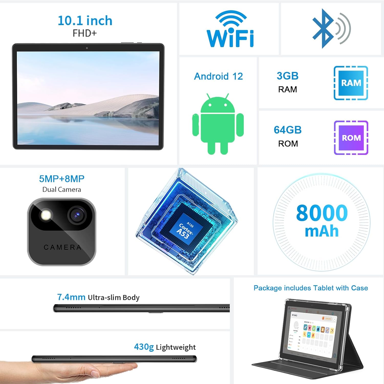 Tablet Android, tableta Android 12 de 10 pulgadas, 3 GB de RAM 64 GB ROM 512 GB Expand, batería de 8000 mAh, WiFi, Bluetooth, cámara dual, pantalla