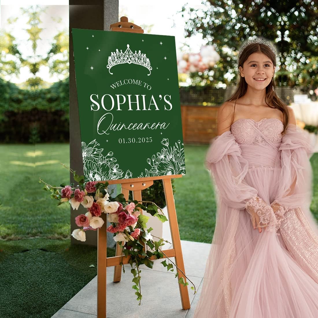 Andaz Press Letrero de bienvenida de quinceañera grande, corona con líneas florales de 16 x 20 pulgadas, lienzo premontado para Mis Quince Años,