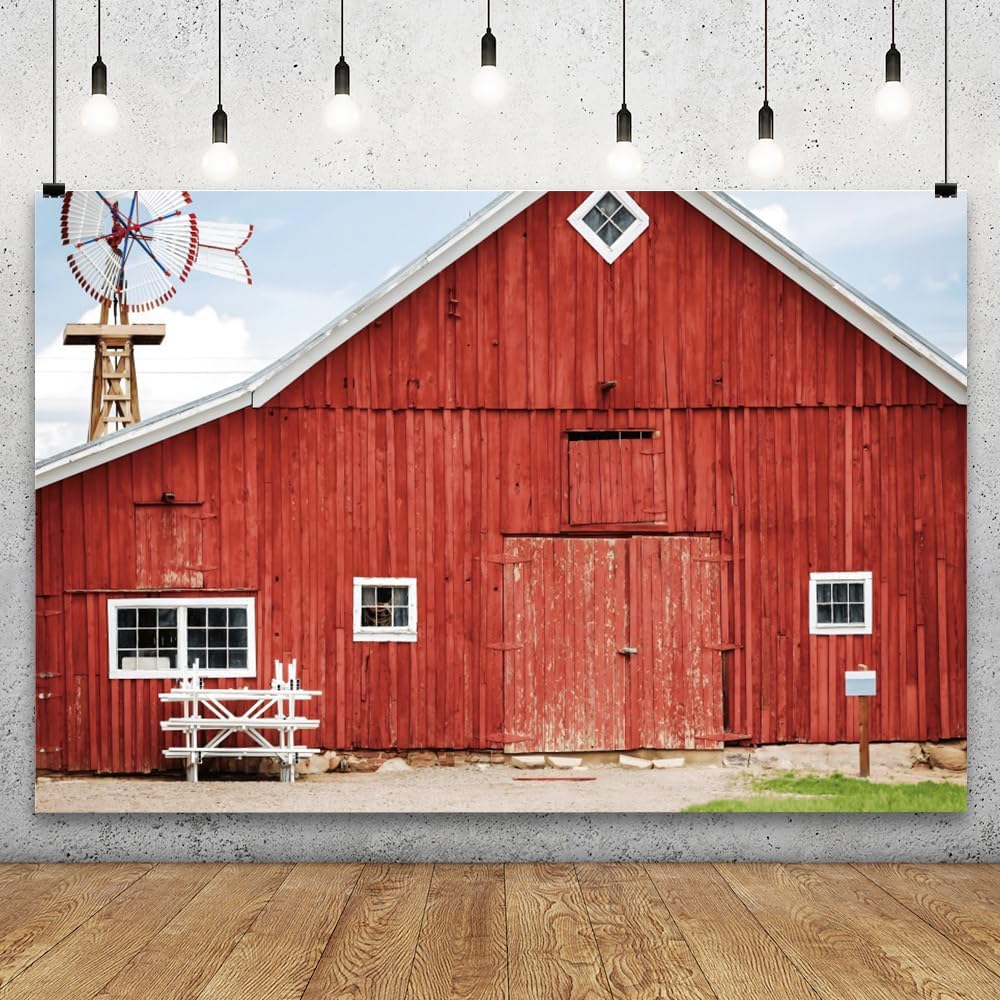 YongFoto Telón de fondo de madera de granero rojo, 10 x 8 pies, vintage, almacén, granja, molino de viento, cielo azul, campo occidental, vaquero,