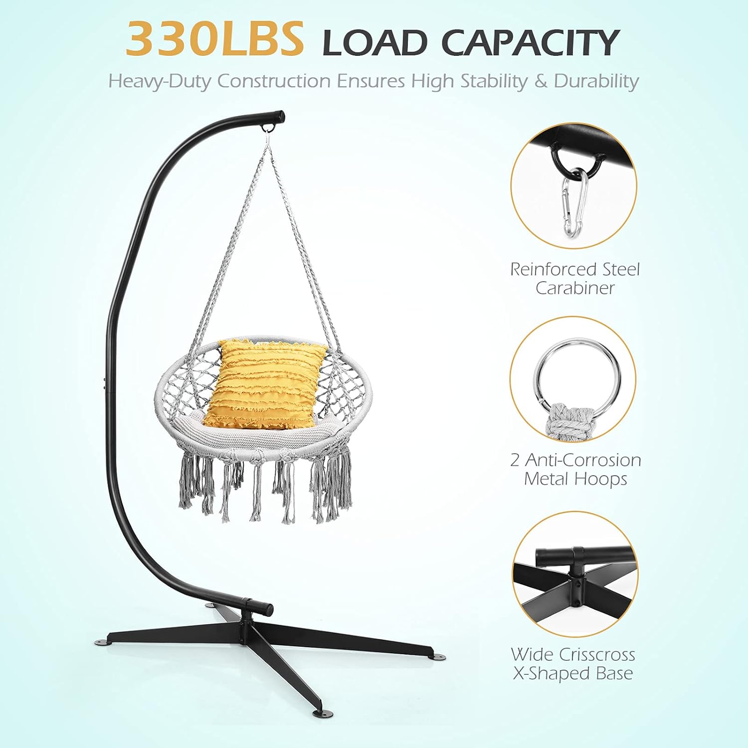 Giantex Hamaca Swing Silla con soporte, cuerda de algodón tejida a mano con soporte de acero sólido resistente C, hamaca colgante al aire libre para