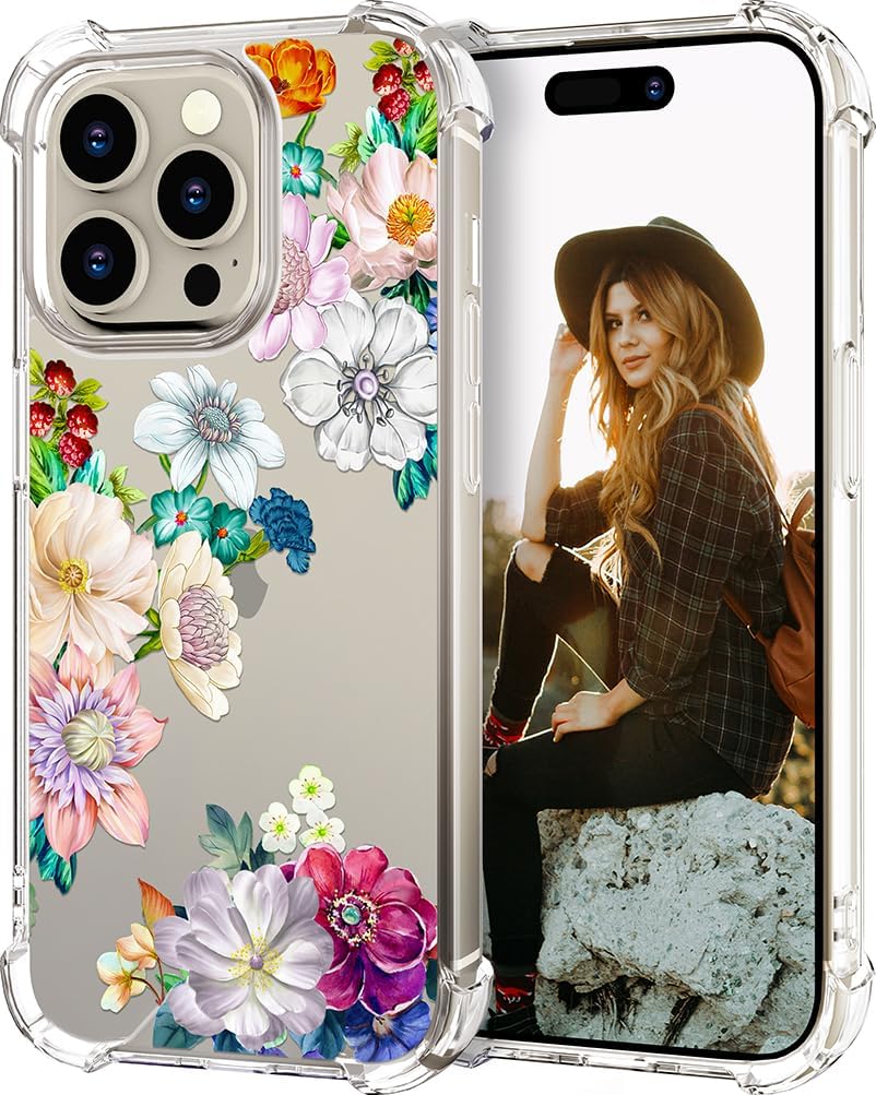 Funda para iPhone 15 Pro con diseño floral, bonita funda transparente con diseño, femenino para mujeres y niñas, funda transparente floral