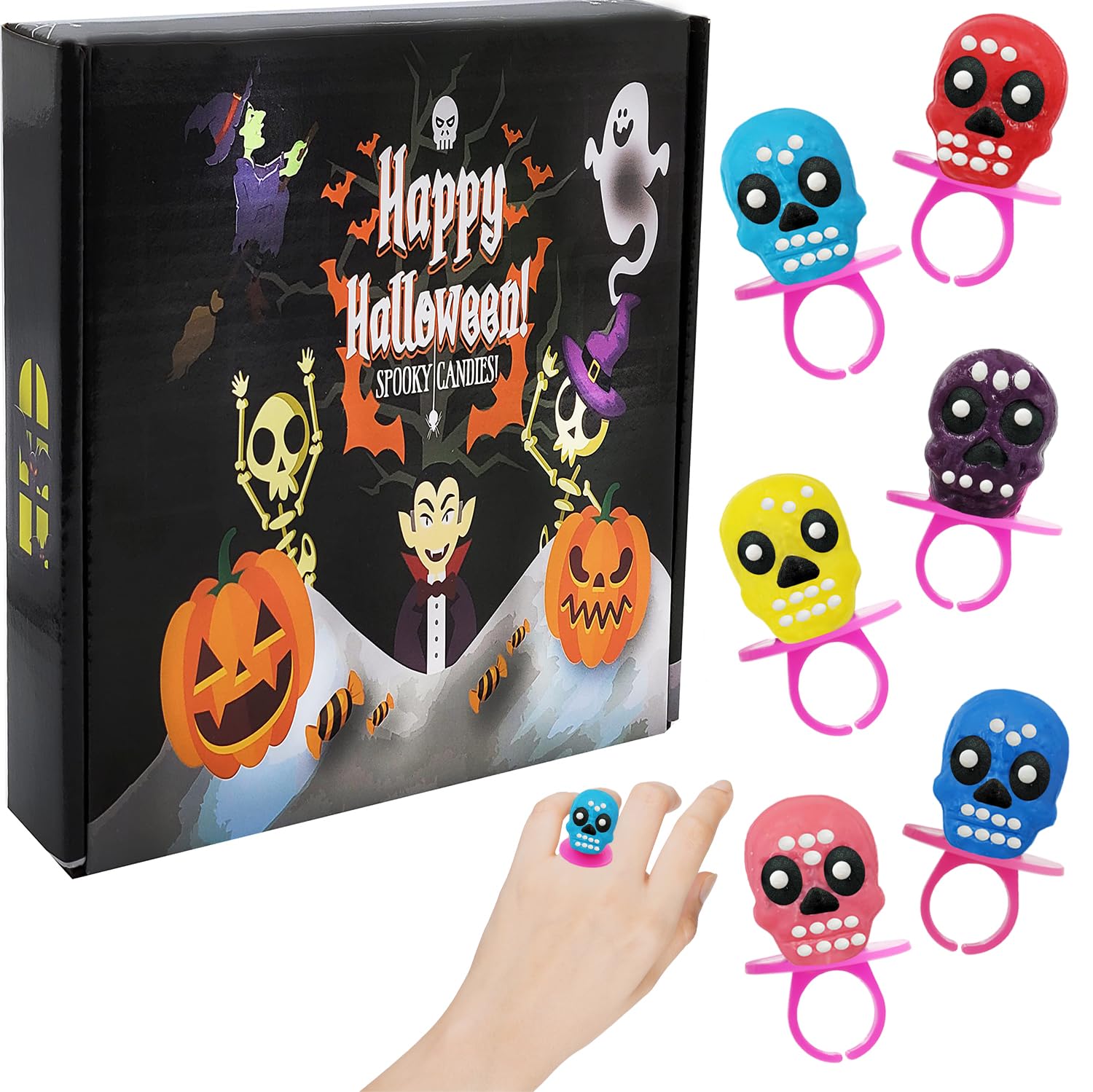Anillos de caramelo de calavera de Halloween, Día de los Muertos, caramelo duro, envueltos individualmente (paquete de 12)