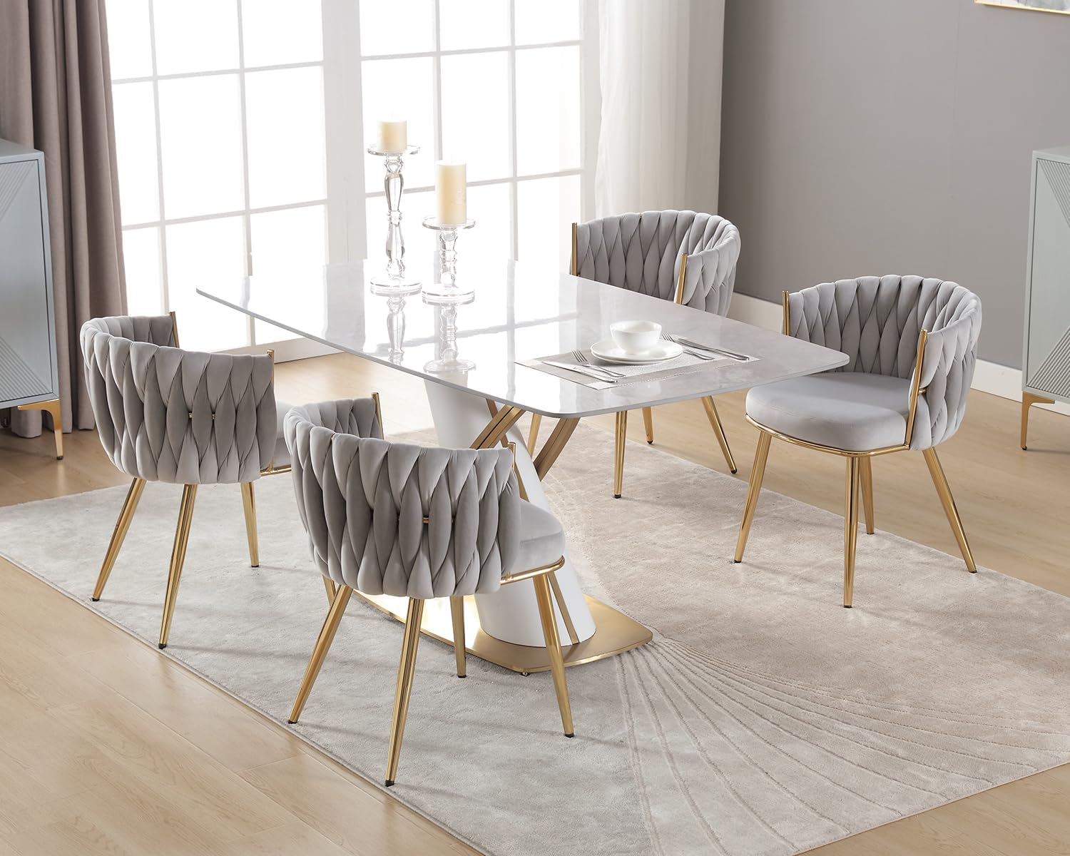 KCC Juego de 2 sillas de comedor de terciopelo, sillas de comedor modernas doradas con patas de metal, sillas de comedor tapizadas tejidas para