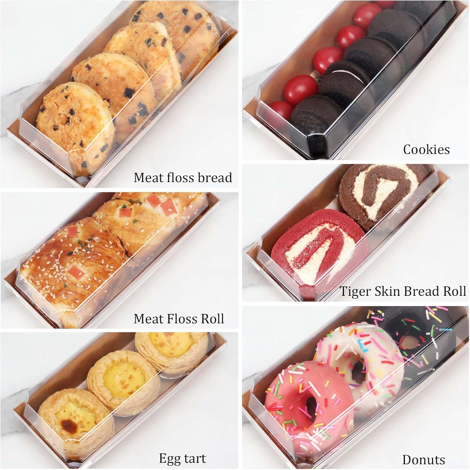 Paquete de 60 cajas de papel para embutidos con tapas transparentes y seguras, cajas de panadería marrón de 7.5 pulgadas con 2 rollos de cinta,