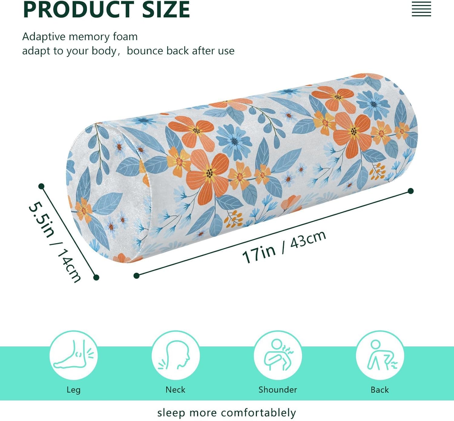KLL Colorful Hand Draw Flowers Bolster Pillow Foam Neck Roll Pillow Round Pillows for Neck Cylinder Cervical Pillow Pillow Support for Legs