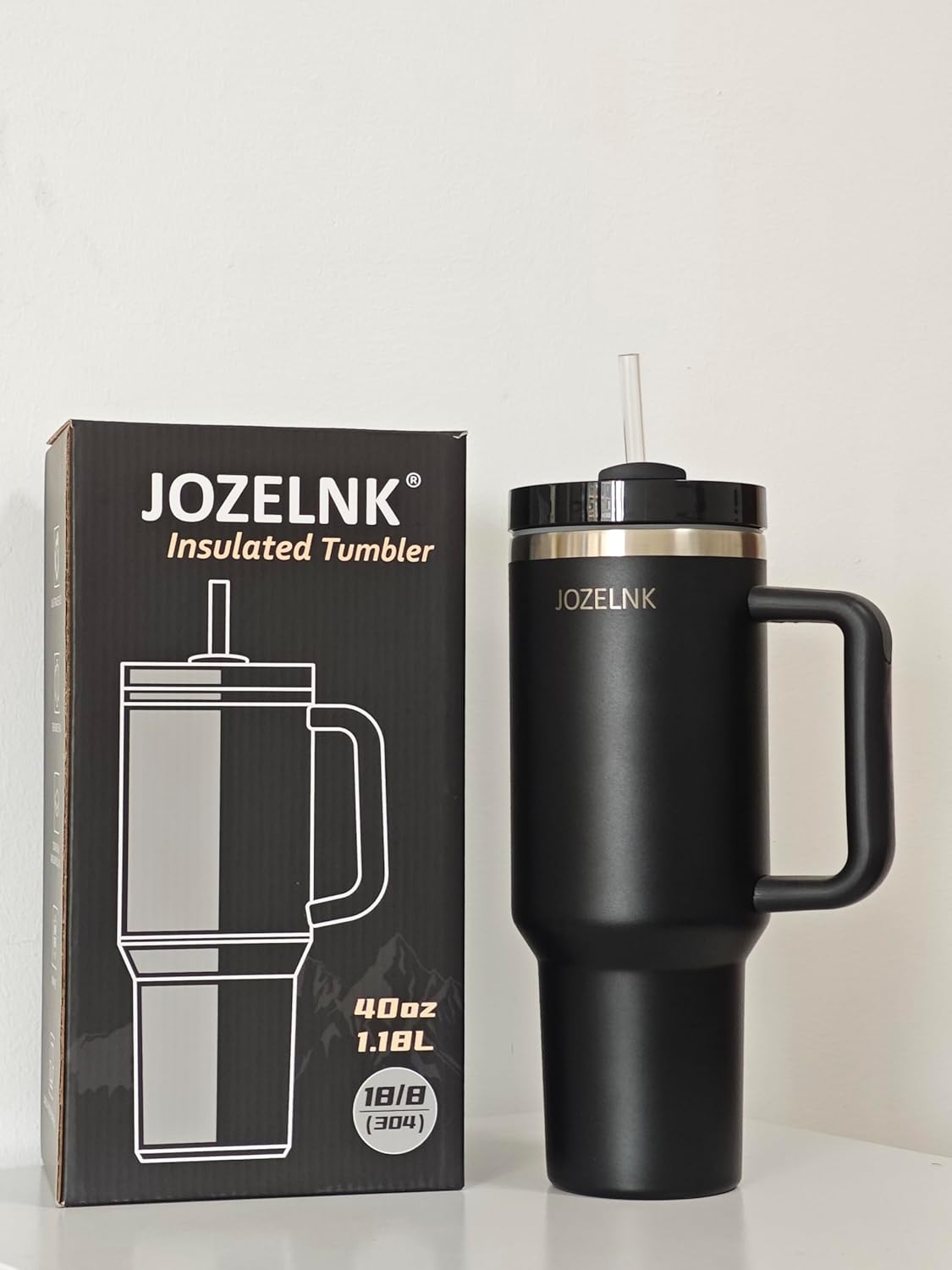 Vaso de 40 onzas con asa, taza aislada con popote y tapa, acero inoxidable al vacío de doble pared