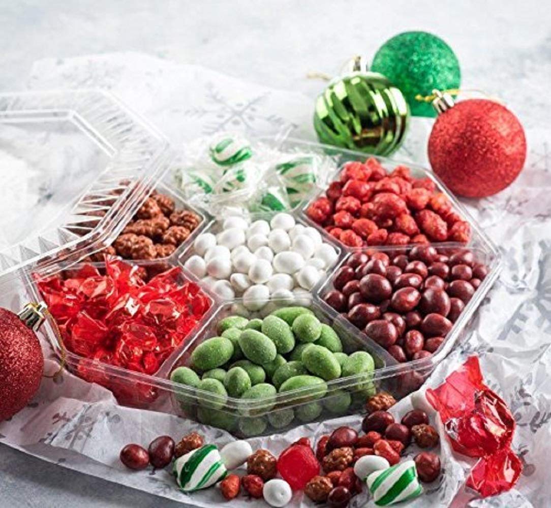 Cesta de regalo de nueces y dulces navideños (rojo y verde)  Surtido de 7 secciones  Arreglado ingeniosamente  Bandeja de regalo corporativa gourmet