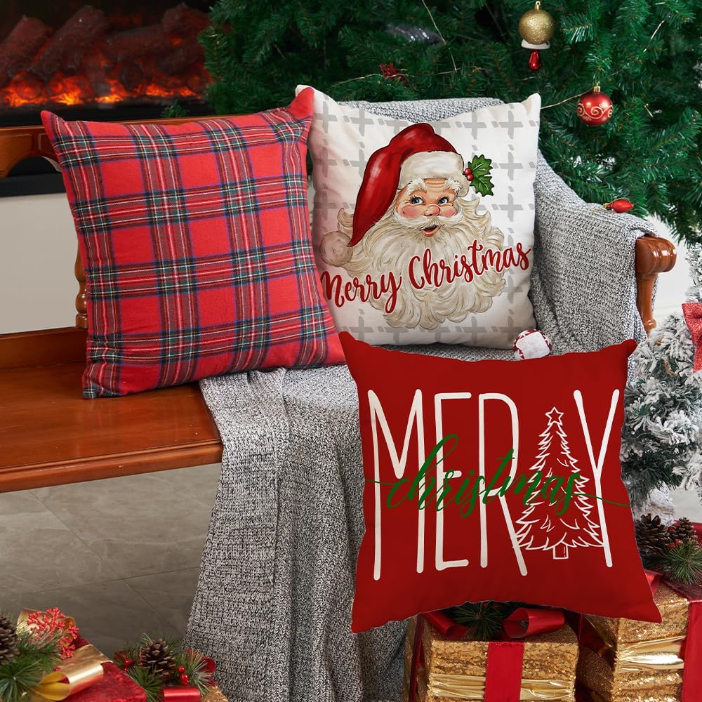 DFXSZ Juego de 4 fundas de almohada de Navidad de 18 x 18 pulgadas, diseño de árbol de Navidad, Papá Noel, decoración de casa de campo para el