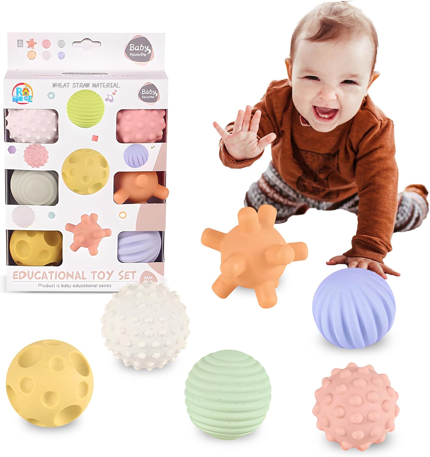 Bolas sensoriales para bebés, paquete de 6, pelota para niños pequeños de 1 a 3, juguetes Montessori suaves y texturizados para bebés de 6 a 12