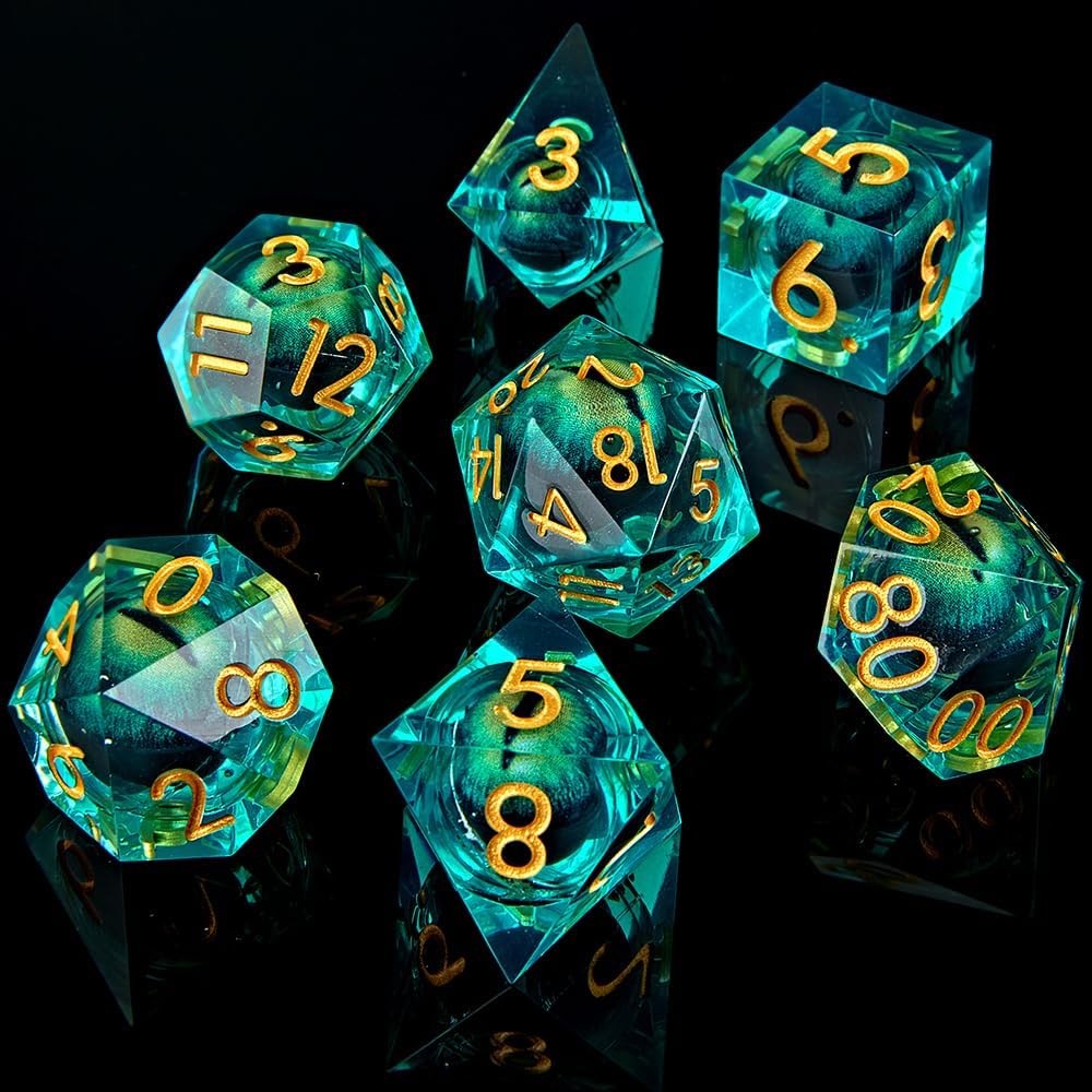 Dragon Eye – Juego de 7 dados para DND, núcleo líquido, juego de dados D&D para juegos TRPG de Calabozos y Dragones, dados giratorios de ojo de